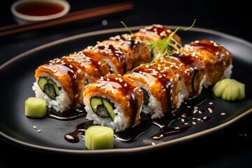 Delicious japanese unagi sushi rolls with cucumber, rice, and sweet teriyaki sauce on a plate