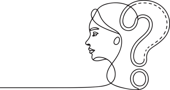 Continuous one line drawing woman and question mark. Frequently Asked Questions Concept. one line Art icon drawing vector