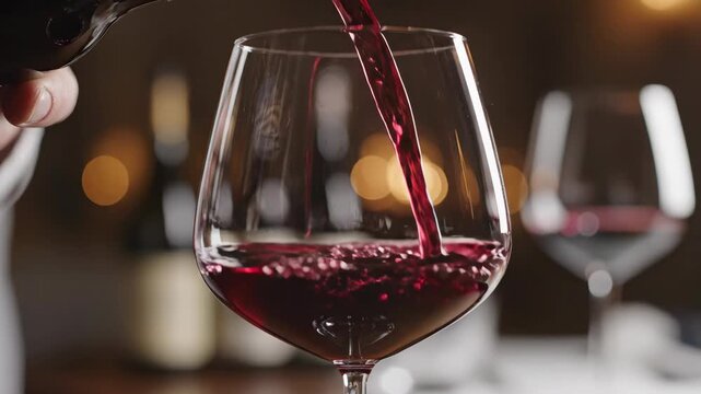 Red wine pouring from a bottle into a glass. Close-up of red liquid splashing in a wine glass. Luxury dining and wine tasting concept. Cinematic macro shot