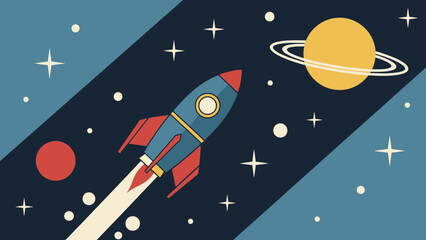 Rocket ship blasting off into space with planet and stars