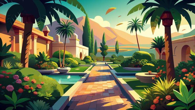 Very beautiful view of Landon Garden in Biskra, showcasing lush greenery, palm trees, tranquil pathways, and the refreshing contrast of nature within Algeria&rsquo;s desert environment.