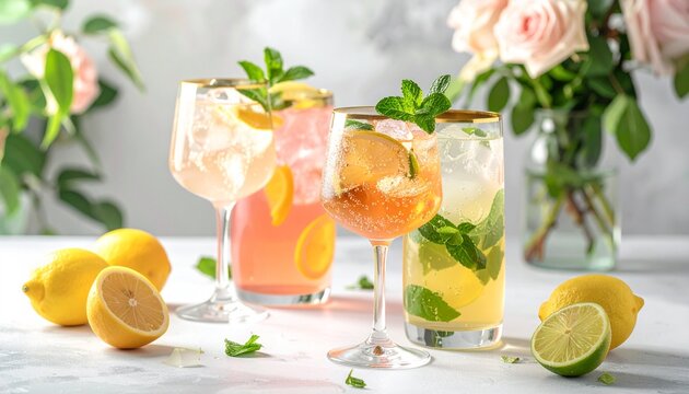 Refreshing variety of summer cocktails and mocktails with fresh lemon, lime, and mint leaves, served on a white table with pink roses in the background.