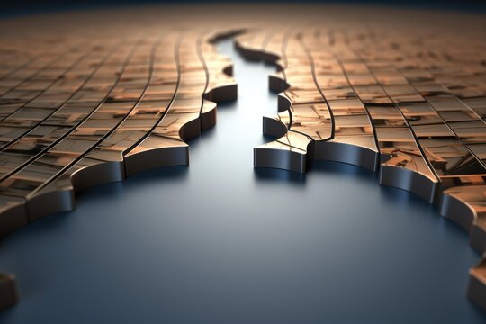 Two abstract metallic profiles creating a separating path on a blue surface