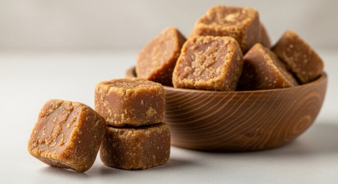 Natural Brown Sugar Cubes in Wooden Bowl, Healthy Sweetener, Raw Cane Sugar