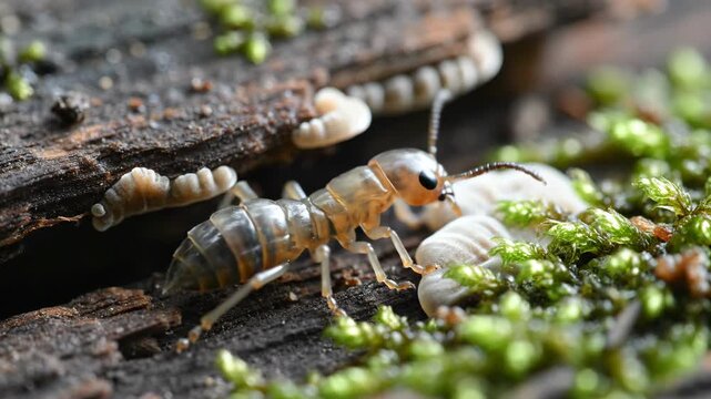 Macro shot of a translucent insect crawling on decaying wood. Termite exploring moss and white fungus on a forest log. Biodiversity and decomposition concept