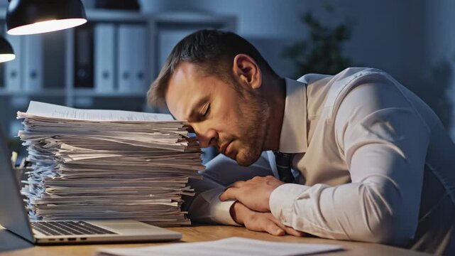 Exhausted businessman sleeping on a stack of papers at his desk at night. Tired employee working late in a dark office. Overwork and burnout concept