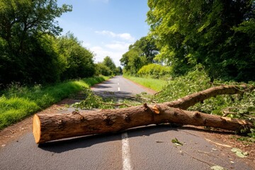 Obraz premium Fallen Tree Obstructing Road in Quiet Rural Village Landscape