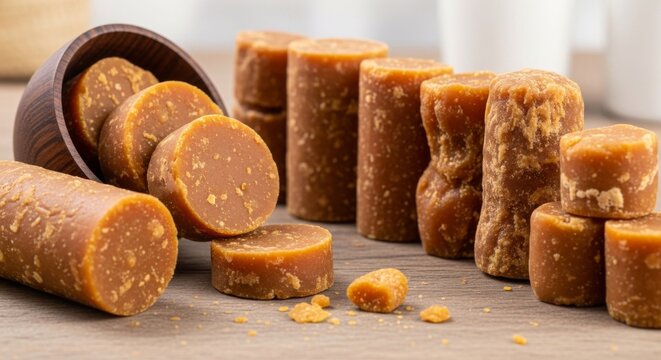 Natural Brown Sugar Panela Blocks and Slices in Wooden Bowl