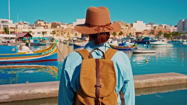 A girl in a hat and with a backpack walks through an ancient colorful fishing town Marsalokk with famous traditional multi-colored boats, Malta