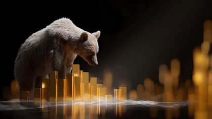 Obraz premium Bear Looming Over Gold Candlestick Bars Representing Synchronized Market Decline