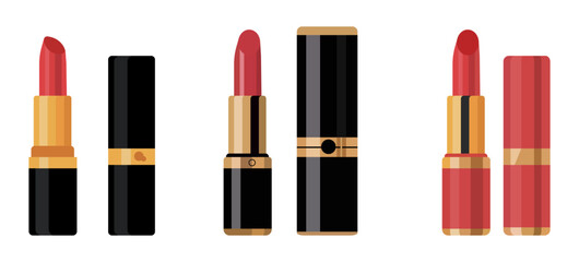 Set of flat vector lipstick illustrations, luxury cosmetic products and makeup tube icons isolated on white background