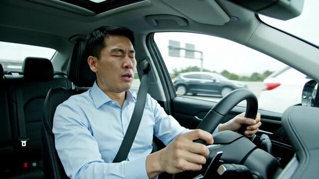 Tired Asian man yawning while driving a car on a highway. Drowsy driver struggling with fatigue and exhaustion behind the wheel. Road safety and driver awareness concept