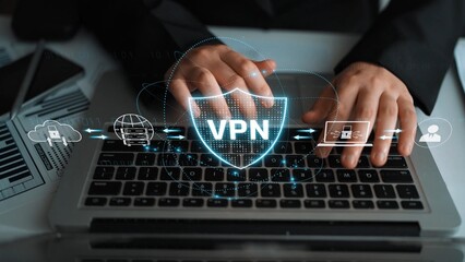 Fototapeta premium VPN security protects network access. VPN security encrypts data, hides identity, VPN security defends traffic, and VPN security secures connection from threats. Marrow