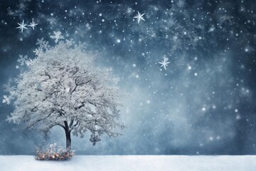 Fototapeta premium Winter tree covered in frost and snow under falling snowflakes and stars