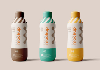 Template Mockup Minimal Water Bottle Packaging Design With Three Bottles Standing On Soft Editorial Background Identity