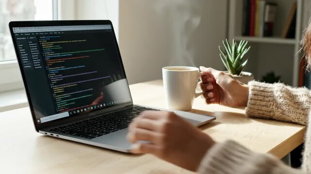 Woman coding on a laptop in a bright home office. Hands typing on a keyboard and reaching for a steaming mug of coffee. Software development and remote work concept