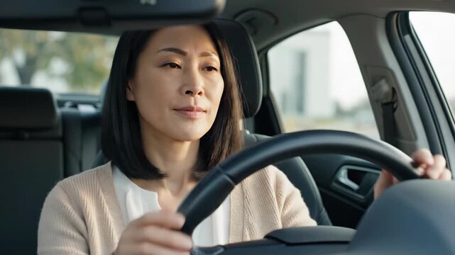 Tired Asian woman waking up in the driver's seat of a car. Middle-aged female driver opening eyes and gripping the steering wheel to start her journey. Commuting and mental preparation concept