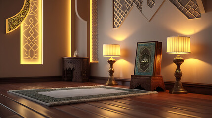 A warm interior with a prayer rug facing a Quran on a lectern, flanked by decorative lamps and a hanging, HD and 4k image