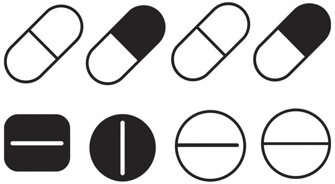 Medicine pills icon set, capsule icons collection with tablets and drugs, healthcare treatment symbols, pharmacy medication signs, medical therapy elements, clean modern flat vector illustration