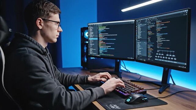 Young programmer coding on dual monitors in a dark room. Software developer typing on a mechanical keyboard. Tech workspace with blue lighting and RGB setup