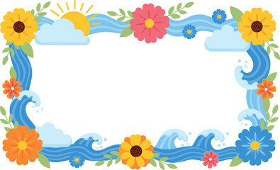 Obraz premium Summer Beach Border Frame with Blue Ocean Waves, Bright Sun, Clouds, Sunflowers, and Wildflowers for Tropical Vacation Invitations and Seasonal Greeting Cards