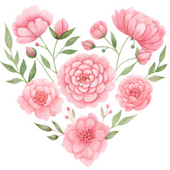 Assorted pink watercolor flowers arranged in heart shape with green leaves for decorative stationery