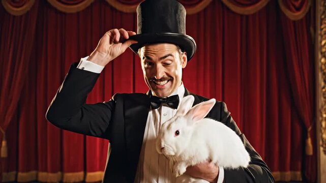 A charismatic magician with a white rabbit performs on a theater stage. The entertainer in a tuxedo and top hat winks at the camera. Classic magic show concept