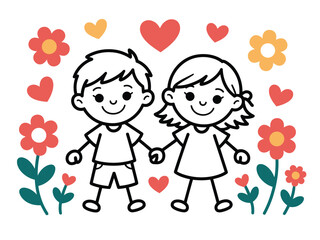 A cartoon illustration of a happy boy and girl holding hands surrounded by colorful flowers and hearts