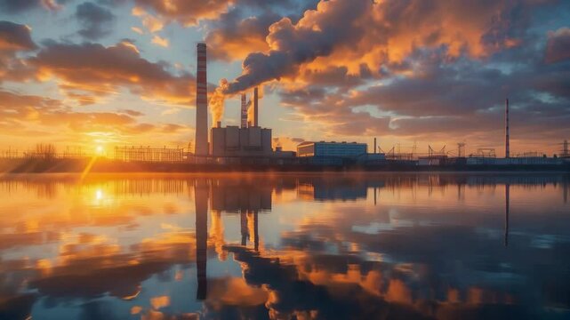An industrial landscape with factory chimneys belching smoke against the backdrop of a sunset over water illustrates the environmental crisis &mdash; ideal as a dramatic backdrop for presentations on enviro