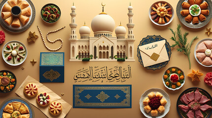  a festive Islamic holiday table with a mosque model, blue prayer rug, sweets, dried fruits, and an Arabic calligraphy card, HD and 4k image