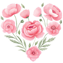 Watercolor heart-shaped display of pink poppies and green leaves with a large central bloom