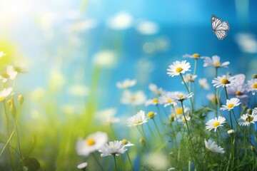 Obraz premium Butterfly flying over white daisy flowers in a vibrant spring meadow with blue sky