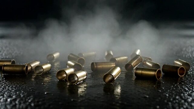 A dramatic close-up of brass bullets scattered on a wet surface with smoke and reflections, creating a moody atmosphere.