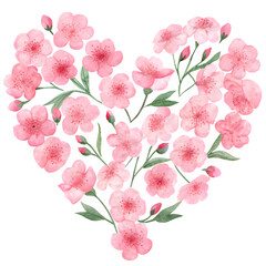 Watercolor heart-shaped arrangement of numerous small pink cherry blossoms and green foliage