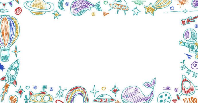 Hand drawn pastel doodle border with space elements and playful shapes. Frame crayon kindergarten style perfect for kids background, preschool text box, children stories and school designs.