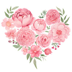 Heart shaped pink flower bouquet with leaves, romantic garden illustration