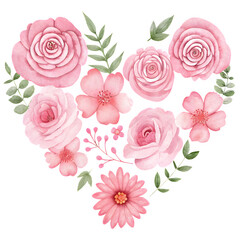 Mixed pink watercolor flowers in heart shape with roses daisies and cherry blossoms for holiday decor