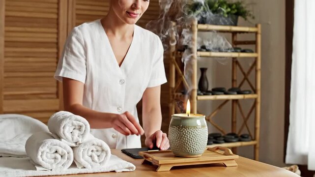 Spa therapist lighting an aromatherapy candle before a massage treatment. Woman in white uniform preparing a wellness room with towels and hot stones. Professional beauty salon concept