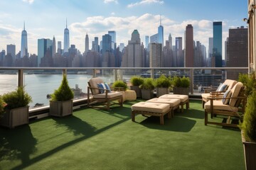 Naklejka premium Apartment rooftop terrace furnishing with outdoor furniture and planted evergreens offering city views