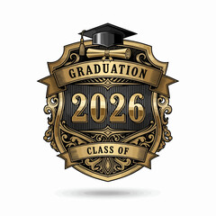 Golden graduation badge with 2026 text, graduation cap and ribbon, vector illustration for diploma or certificate, Isolated on transparent background, png