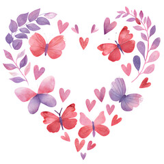 Watercolor heart wreath with pink butterflies and purple floral leaves for romantic greeting design