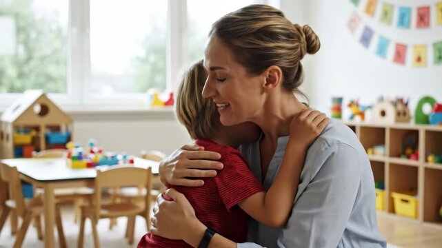 A caring teacher comforts a crying little boy in a preschool classroom. An educator gives a supportive hug to an upset student. Emotional support and empathy in childhood education