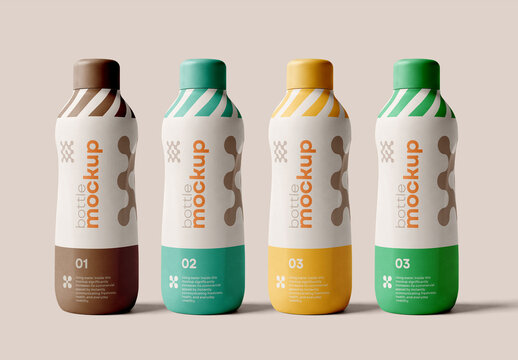 Template Mockup Minimal Water Bottle Packaging Design With Four Bottles Standing In A Row On Soft Editorial Background Identity