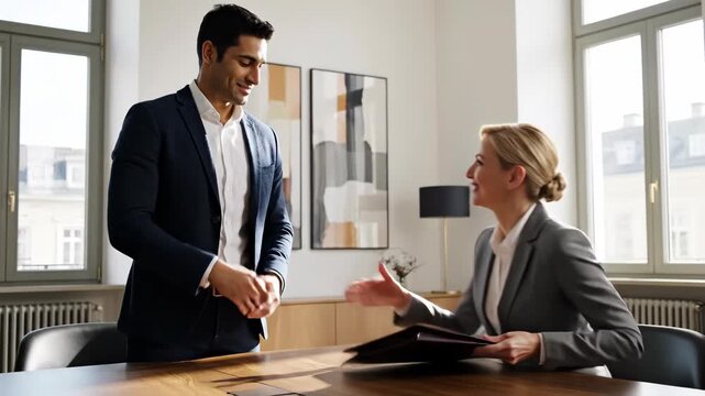 Professional man handing a document folder to a seated woman and shaking hands. Colleagues concluding a successful meeting or job interview in a modern office. Business agreement concept