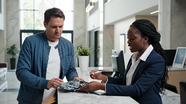 Angry customer complaining to a receptionist about a faulty product. Frustrated man arguing with a female employee at a customer service desk in a modern office lobby.