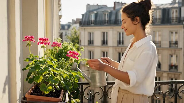 A smiling woman waters pink geraniums on a sunny Parisian balcony. A young person enjoys urban gardening as a hobby. City lifestyle and plant care concept