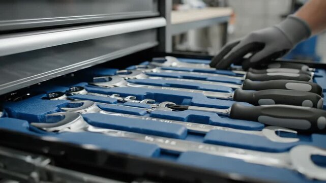 Mechanic opening a tool drawer to reveal a set of wrenches. Hand in protective glove pulling open a storage cabinet in a workshop. Auto repair and maintenance concept