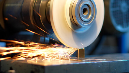 Industrial metal grinding with sparks in manufacturing workshop
