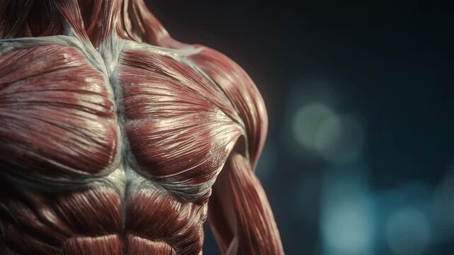 Ultra HD Detailed human musculature anatomy closeup view of chest and shoulder muscles, medical illustration video