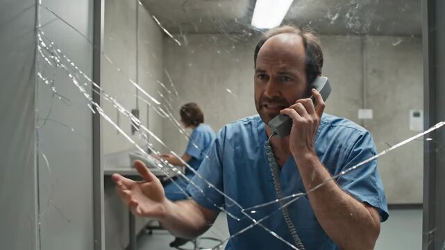 A stressed man in medical scrubs talks on the phone during a crisis. A serious conversation viewed through a shattered glass window in a hospital. Healthcare emergency concept